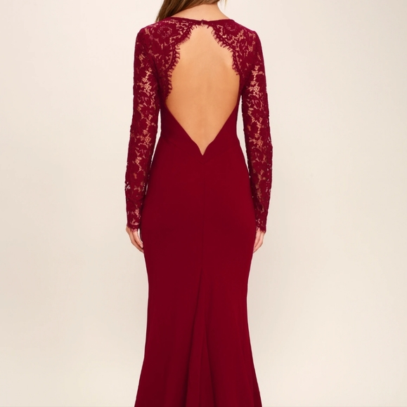Valentines Day Dress - Lulus Maxi Dress whenever you call me wine red lace dress - Picture 5 of 6